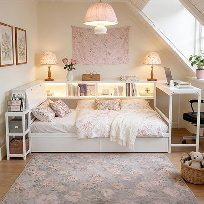 Bellemave Queen Corner Bed Frame with Storage Bookcase & 2 Drawers, Modern Metal Queen Daybed with LED Lights & Charging Station, Reversible Queen Size Corner Bed with Desk for Space-Saving, White
