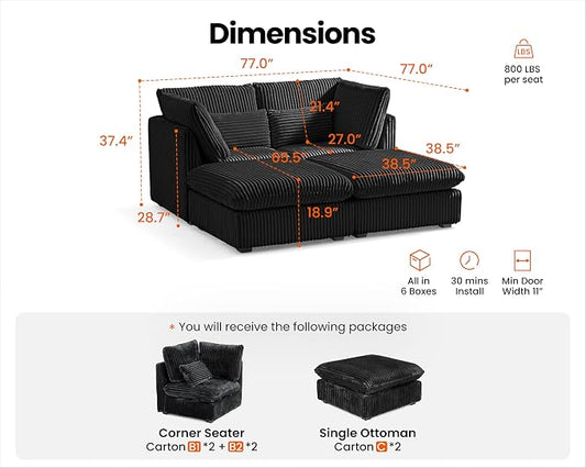 77" Oversized Corduroy Couch Modular Sectional Sofa, Washable Cloud Couch Sectional with 2 Ottoman, 4 Seater Sectional Couches for Living Room, Fully Cover Removable, Chaise Lounge, Corduroy, Black