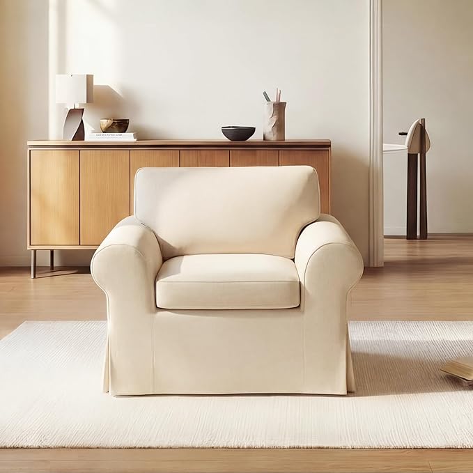 Mistpeople Modern Loveseat Sofa Couch, Upholstered Comfy Sofa with Pillows & Armrests, Deep Seating Couch with Removable Cover for Living Room Bedroom Apartment Office Small Spaces, Beige