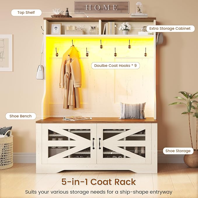 Itaar Hall Tree with Bench and Shoe Storage, 5-in-1 Entryway Bench with Coat Rack, 10 Shoe Cubbies & 9 Coat Hooks, Barn Door & Adjustable Shelf (White)