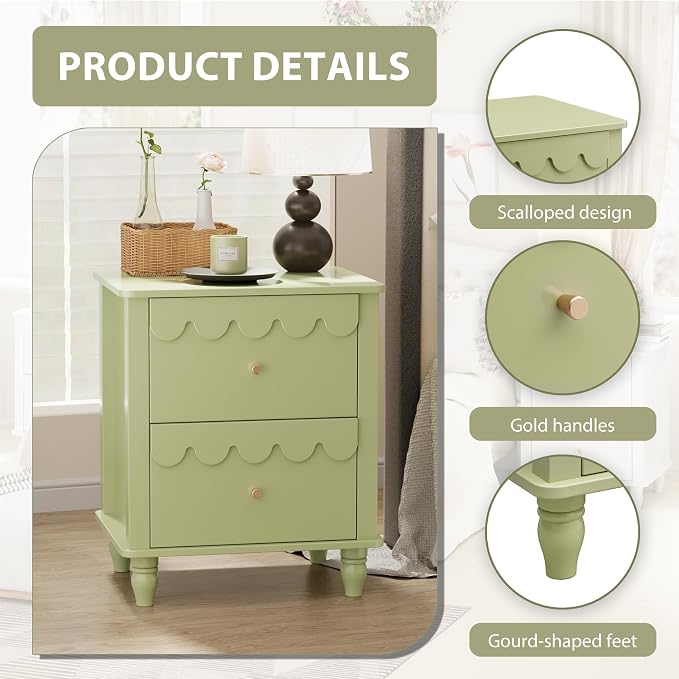 Anbuy Green Nightstand Set of 2 with Petal Pattern, Modern Night Stand Set 2 with 2 Drawers for Bedroom, Side End Table Scalloped Bedside Night Tables with Solid Wood Legs