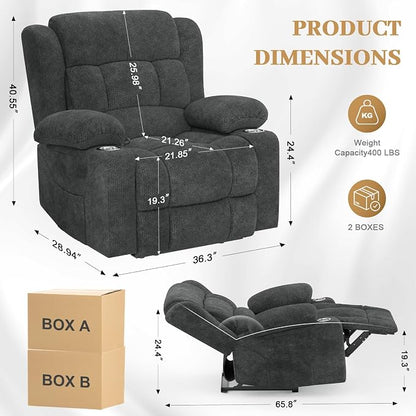 Recliner Chair for Adults, Oversized Fabric Manual Pull Tab Reclining Chair with Cup Holders, Minimalist Style Single Sofa for Living Room, RV (Grey)