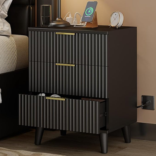 Lulive Wood 3 Drawers Dresser Fluted Night Stand with Charging Station, Natural Nightstand 3 Storage Drawers Dresser Modern Side Table, Bedside Table for Bedroom