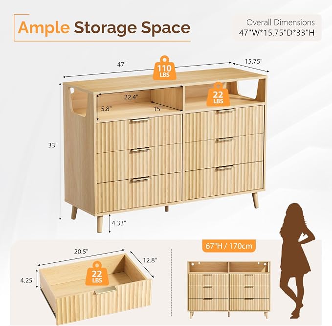 VINGLI Fluted Dresser Led, 6 Drawer Dresser for Bedroom, Light Wood Bedroom Dressers Oak, 47" W*15.75" D*33" H