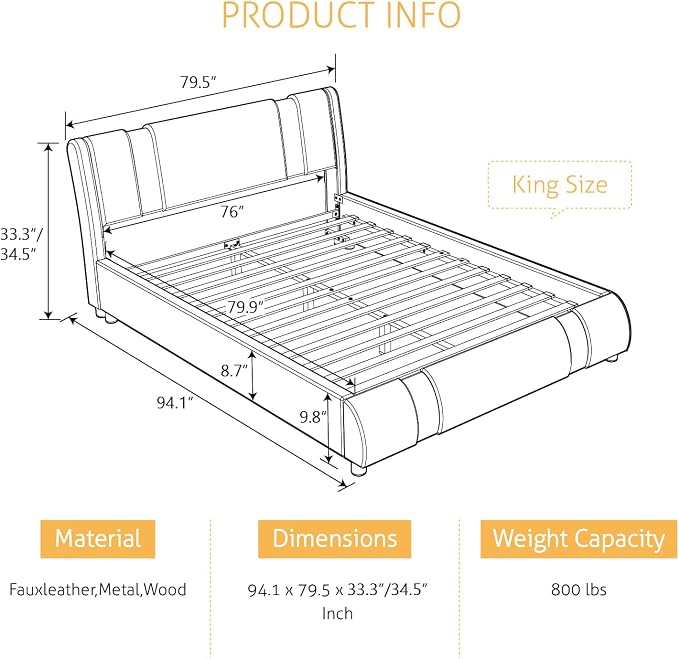 SHA CERLIN Modern Faux Leather King Bed Frame with Adjustable Headboard and Iron Accents, Deluxe Upholstered Platform Bed with Solid Wooden Slats Support - White + Black