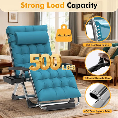 Slendor Oversized Zero Gravity Chairs XXL, 33IN Padded Zero Gravity Lounge Chair, Folding Reclining Patio Chair Lawn Recliner w/Aluminum Alloy Lock, Headrest, Cup Holder, Support 500lbs, Light Blue