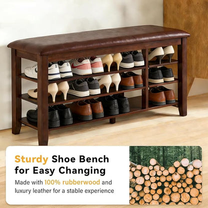 PY HOME & SPORTS Shoe Rack for Entryway 47": 3-Tier Shoe Storage Bench, Adjustable/Removable Shelves, Rubberwood Shoe Benches for Hallway, Porch, Bathroom, Brown