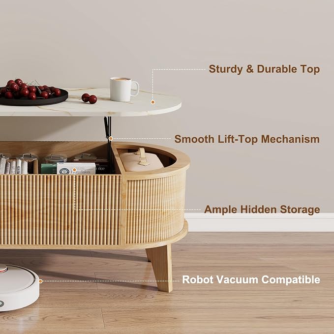 LYNCOHOME 43.3" Fluted Lift Top Coffee Table with Storage, White Faux Marble Top Center Table, Modern Oval Coffee Table for Living Room or Home Office（Elegant Light Oak, Natural）