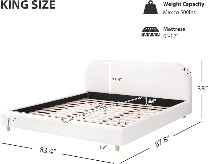 Merax King Size Teddy Fleece Thick Fabric Upholstered Platform Bed with Curved Shaped Headboard, Wood Bed Frame with Solid Round Legs for Kids Teens Adults, White