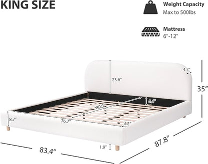 Merax King Size Teddy Fleece Thick Fabric Upholstered Platform Bed with Curved Shaped Headboard, Wood Bed Frame with Solid Round Legs for Kids Teens Adults, White