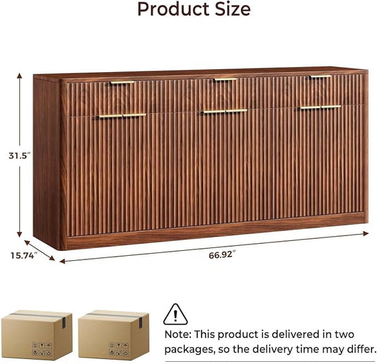 Evermagin 67" Fluted Walnut Sideboard Buffet Cabinet with 3 Drawers, Modern Credenza with Storage, Console Coffee Bar Cabinet for Kitchen, Living Room and Entryway (67" W x 31.5" H x 15.7" D)