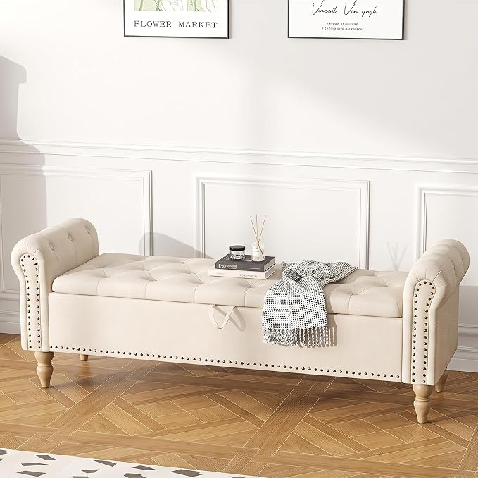 Furniliving 63” End of Bed Storage Bench, Bedroom Bench with Button-Tufted, Upholstered Storage Ottoman Benches Window Bench with Storage, Chenille Bench for Living Room, Entryway, Beige