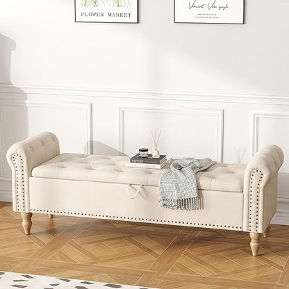 Furniliving 63” End of Bed Storage Bench, Bedroom Bench with Button-Tufted, Upholstered Storage Ottoman Benches Window Bench with Storage, Chenille Bench for Living Room, Entryway, Beige