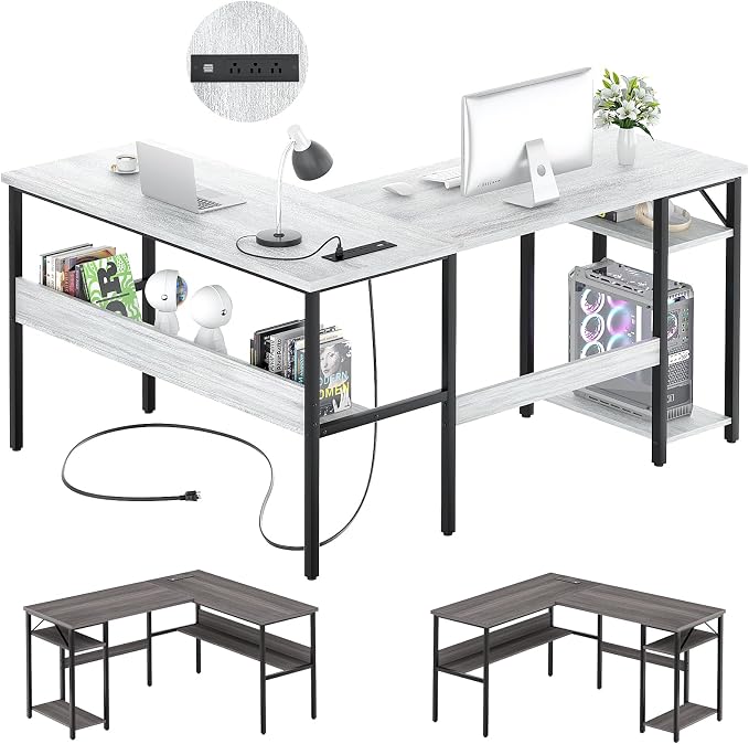 Unikito L Shaped Computer Desk with Magic Power Outlets and USB Charging Ports, Sturdy Reversible Corner Desk with Storage Shelves, Modern Work Desk for Home Office, Easy to Assemble, White Oak