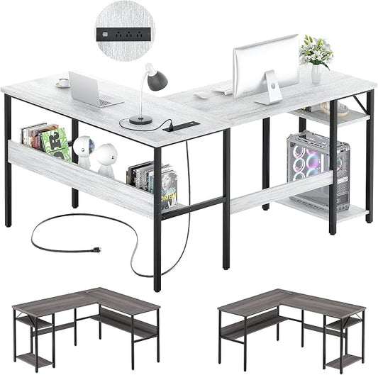 Unikito L Shaped Computer Desk with Magic Power Outlets and USB Charging Ports, Sturdy Reversible Corner Desk with Storage Shelves, Modern Work Desk for Home Office, Easy to Assemble, White Oak