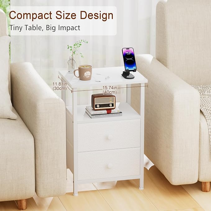 LOAKEKEL Nightstands Set of 2, Night Stand with 2 Fabric Drawers, Bed Side Table with Open Storage Shelf for Bedroom, Small End Tables Living Room, White, HETS002WP