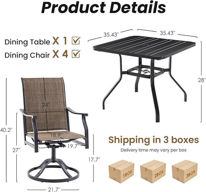 Soohow Patio Dining Set for 4, 5-Piece Outdoor Table and Chairs Set, 4 x Swivel Outdoor Dining Chairs with Paded Textilene and 35"x35" Patio Table with 1.57" Umbrella Hole for Poolside, Backyard