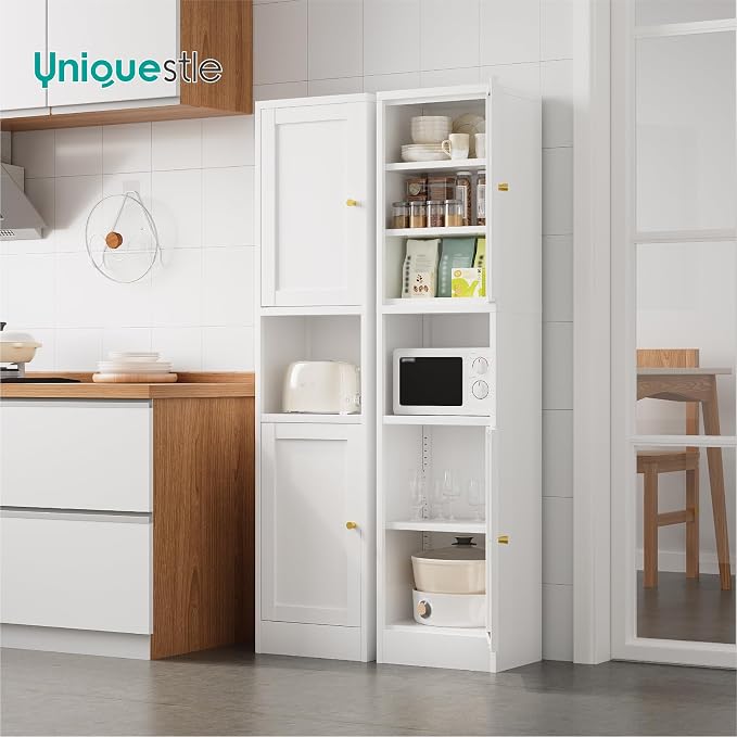 67" Tall Narrow Storage Cabinet with Doors and Open Shelf,Metal Pantry Cabinet,Shaker Style Slim Cabinet with Adjustable Shelves,for Bathroom Kitchen Laundry Small Spaces,White,1Pc