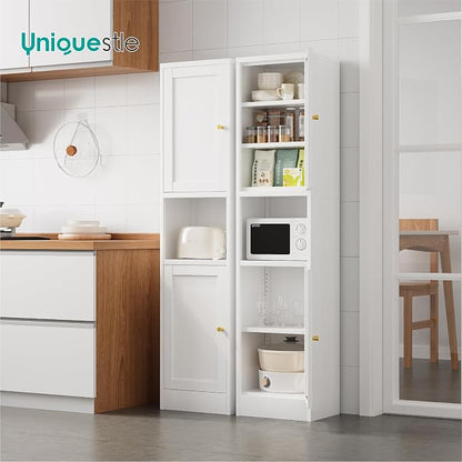 67" Tall Narrow Storage Cabinet with Doors and Open Shelf,Metal Pantry Cabinet,Shaker Style Slim Cabinet with Adjustable Shelves,for Bathroom Kitchen Laundry Small Spaces,White,1Pc