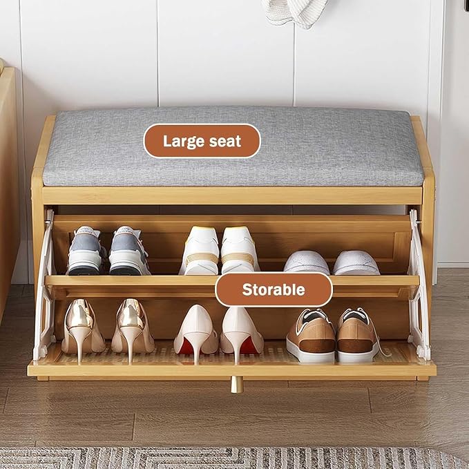 ELEFOCUS Shoe Storage Bench with Rattan Drawers - Slim Shoe Organizer Cabinet for Closet | Space-Saving Closed Shoe Rack (Size:70x25x45cm,Color:Primary Color)
