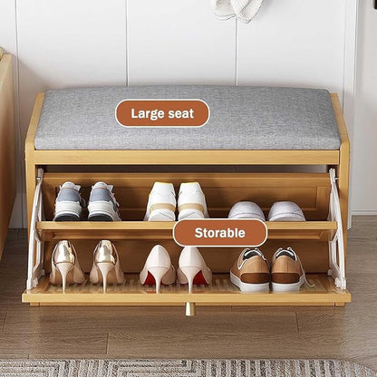 ELEFOCUS Shoe Storage Bench with Rattan Drawers - Slim Shoe Organizer Cabinet for Closet | Space-Saving Closed Shoe Rack (Size:70x25x45cm,Color:Primary Color)