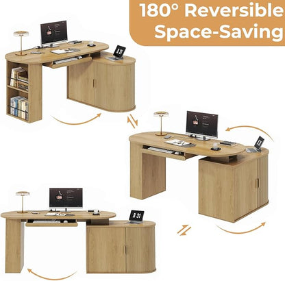 HSH L Shaped Office Corner Desk with Storage Cabinet for Home Oak 60 Inch | Executive Woood Fluted Computer Desk with Keyboard Tray and Open Shelves Modern Reversible Mcm Large Swivel Table