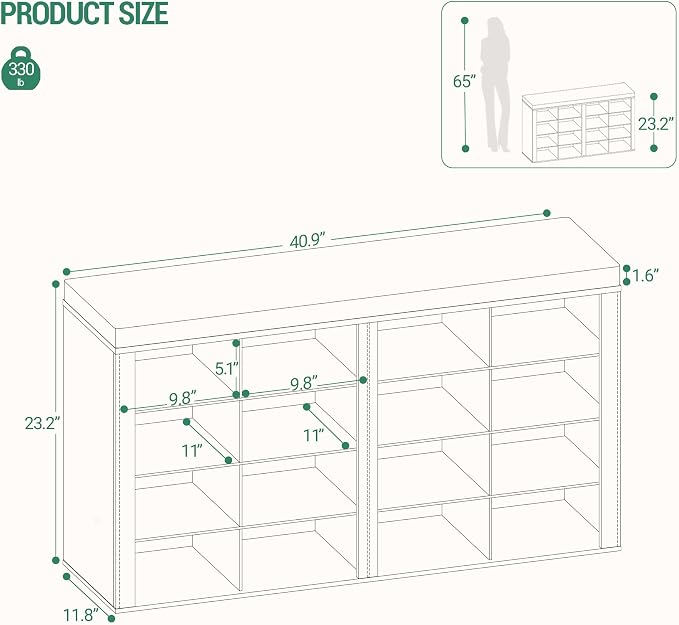 Hzuaneri Shoe Bench with Cushion, Entryway Storage Bench with 16 Cubbies, Cubby Shoe Rack with Adjustable Shelves, Shoe Organizer Cabinet for Living Room, Bedroom, Entryway, Rustic White SB25614KA
