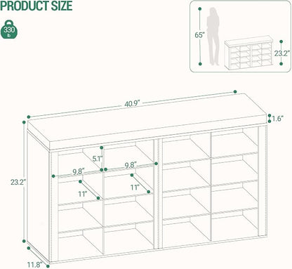 Hzuaneri Shoe Bench with Cushion, Entryway Storage Bench with 16 Cubbies, Cubby Shoe Rack with Adjustable Shelves, Shoe Organizer Cabinet for Living Room, Bedroom, Entryway, Rustic White SB25614KA