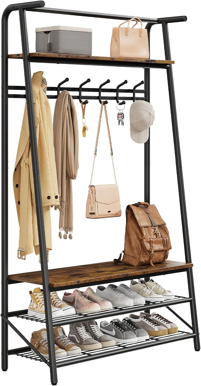 MDF Hall Tree with Bench, 4-in-1 Entryway Coat Rack with Storage Shelf & Shoe Organizer, Sturdy Freestanding Furniture for Living Room, Bedroom, Mudroom