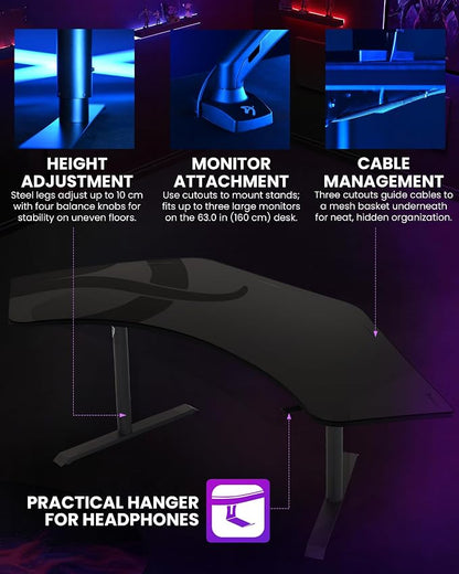 Arozzi Arena Angelo Gaming Desk with Storage - 88.6x28” Corner Desk - Curved Design Table, Fits 3 Large Screens with Adjustable Height - Full-Surface Mousepad - Gunmetal