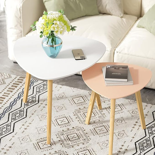 BAMEOS Bamboo Nesting Triangle End Table,Set of 2 SideTable Modern Minimalist Coffee Table for Living Room (White & Pink)