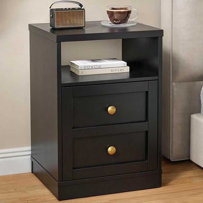 RoyalCraft Black Nightstand Set of 2, Small End Table with Storage Shelf and Door, Faux Two-Drawer Design Side Table, Modern Night Stand for Bedroom Dorm, Wood Beside Table for Small Spaces