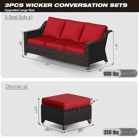 Joyside Patio Furniture Set, 3 Pieces Outdoor Wicker High Back Sofa with Ottoman and Comfy Cushions, Upgraded Large Size, All Weather High Back Conversation Set, (Brown/Red)