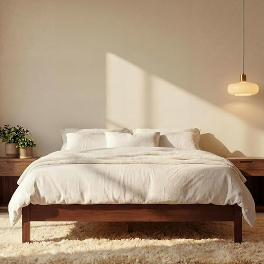 LIFEMENT Queen Bed Frame Signature Wood Platform, Noise Free, Under Bed Storage, No Box Spring Needed, Easy Assembly, Walnut