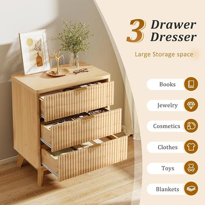 LYNCOHOME Fluted Nightstand Set of 2, Wood Bedside Table with 3 Drawers, Modern Farmhouse Storage End Table for Bedroom, Natural