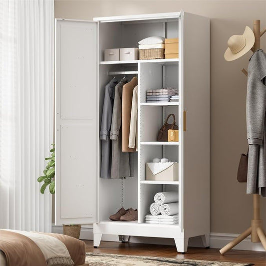 LCAOPC 71" Tall Metal Wardrobe Closet with Adjustable Shelves and Hanging Rod, 2 Doors Office Storage Locker Cabinet for Home, Office, Bedroom, Laundry Room, White