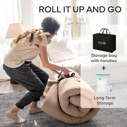 ZonLi Japanese Floor Futon Mattress Full Size 75"x 54", 100% Cotton Cover 2.5'' Thicken Tatami Mattress, Foldable Sleeping Pad, Portable Dormitory Tatami Mat(Khaki)