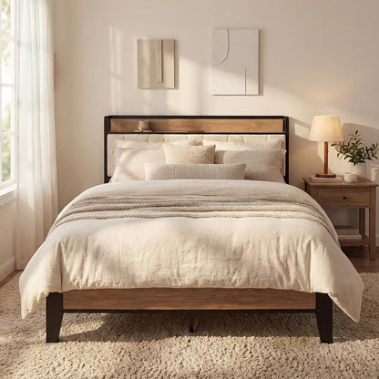 LIKIMIO Full XL Bed Frames, Storage Headboard with Charging Station, Solid and Stable, Noise Free, No Box Spring Needed, Easy Assembly, Wood and Cream