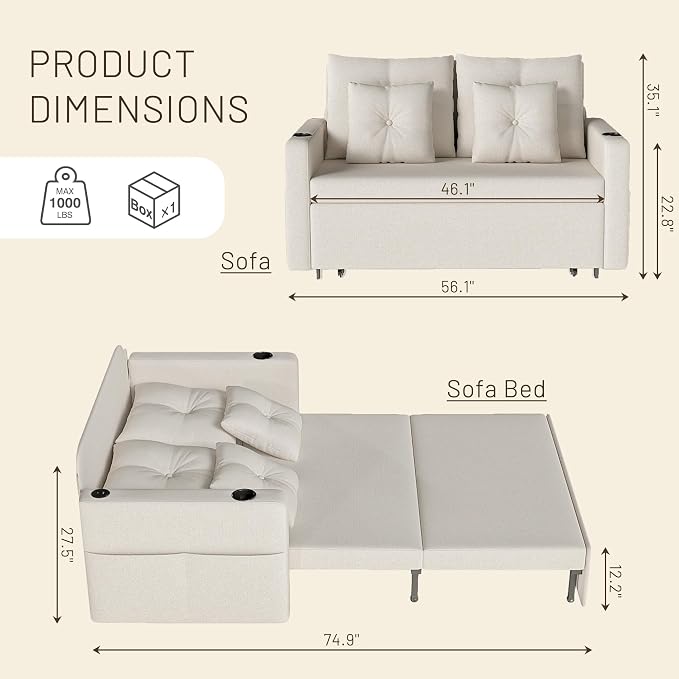 Krcix 3 in 1 Sofa Bed, 56 Inch Convertible Pull Out Couch, Loveseat Sleeper Sofa with Cup Holders, USB, Side Pockets, Multi-Function Couch Bed for Living Room, Apartment, Beige