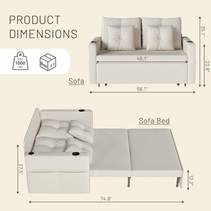 Krcix 3 in 1 Sofa Bed, 56 Inch Convertible Pull Out Couch, Loveseat Sleeper Sofa with Cup Holders, USB, Side Pockets, Multi-Function Couch Bed for Living Room, Apartment, Beige