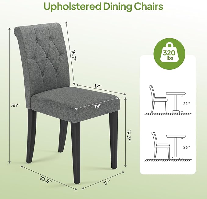 Welzona Upholstered Dining Chairs Set of 2, Button Tufted Parsons Dining Chair with Solid Wood Legs, Modern Fabric Side Chair for Dining Room/Kitchen/Restaurant/Hotel- Grey