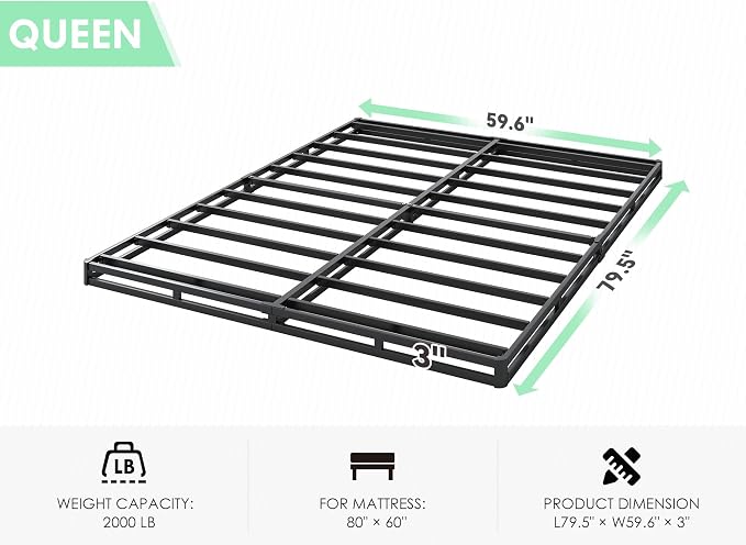 QEROMY 3 Inch Low Profile Box Spring, Sturdy Metal Frame Mattress Foundation, Easy Assembly, Quiet & Noise-Free, Queen Size