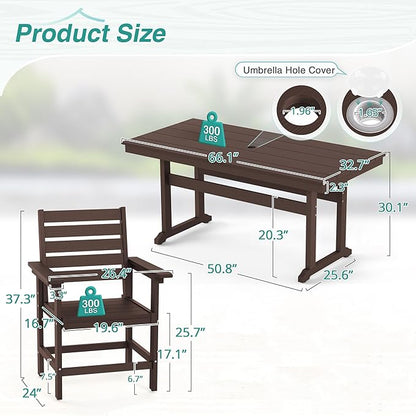 7 Piece Patio Dining Set, 66" Rectangle HDPS Weather Resistant Outdoor Table & 6 Patio Chairs Set with 1.96" Umbrella Hole, Heavy Duty Chairs for Backyard Deck, Dark Brown