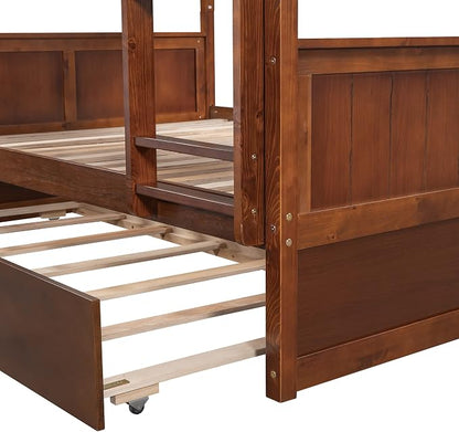 Merax Trundle Bunk Bed, Full Over Full Wood Bunk Bed with Twin Size Trundle, Guardrail and Ladder, Can be Separated into 2 Beds, Walnut