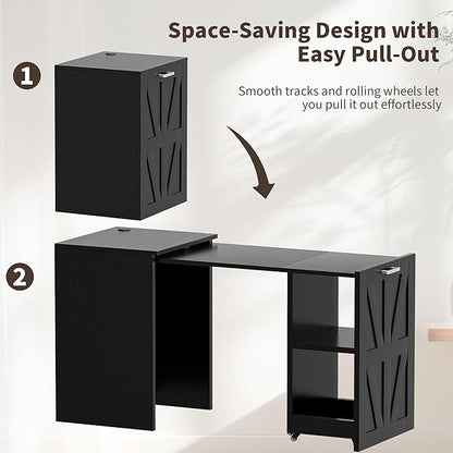 Folding Desk with Storage and Charging Station, Pull-Out Desk Cabinet with Spacious Desktop, Foldable Computer Table for Small Space, Black Oak