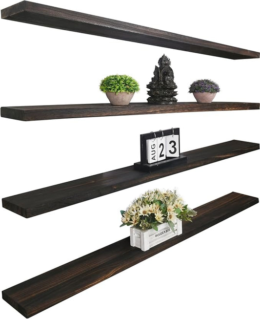 YYWUOJJ Wood Floating Shelves for Wall Decor, Rustic Wall Shelves for Bedroom Bathroom Kitchen Living Room, Set of 4 Walnut 48 Inch
