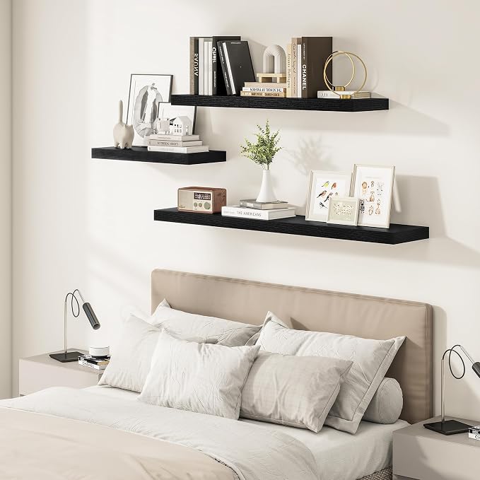 Vivelove 2" Thick Floating Shelves for Wall 55 Inches Long, 12" Deep Wall Shelves, for Bedroom, Bathroom, Living Room, Kitchen, Office, Modern Home Decor, 55" X 12" X 2", Set of 2, Black
