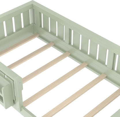 Bellemave Twin Size Floor Bed with high Rails and with Built-in Bookshelf for Kids, Girls, Boys, Wood Montessori Floor Bed Without Door, Avocado Green