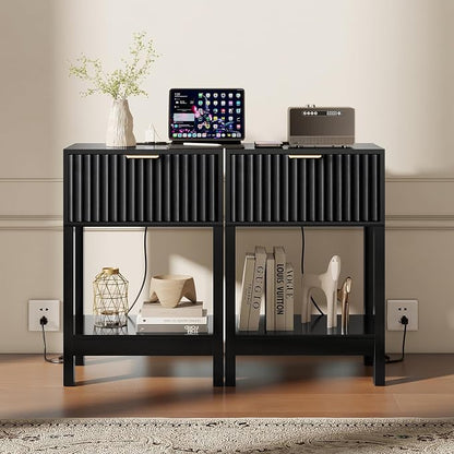 Nasonet Night Stand Set 2, Fluted Nightstand with Charging Station, Wood Bedside Table with Drawer & Storage Shelf, Modern End Tables for Bedroom Sofa Couch Office, Black