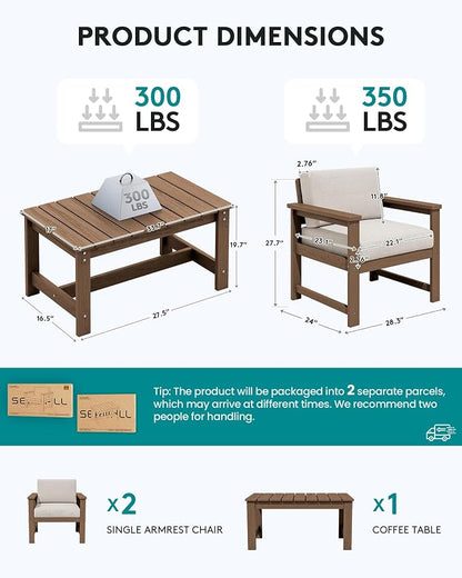 SERWALL 3 Pieces HDPE Outdoor Sofa Bistro Set with Cushion, Patio Outdoor Furniture Sofa Sets with Porch Chairs and Coffee Table, Brown Frame/Khaki Cushion